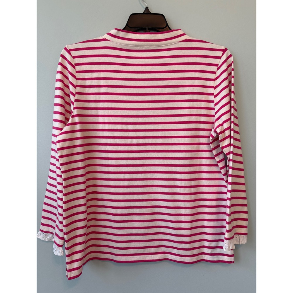 Talbots Pink Cream Striped‎ Mock Neck Valentine's Top Heart Patch Eyelet Trim LP - Picture 4 of 12